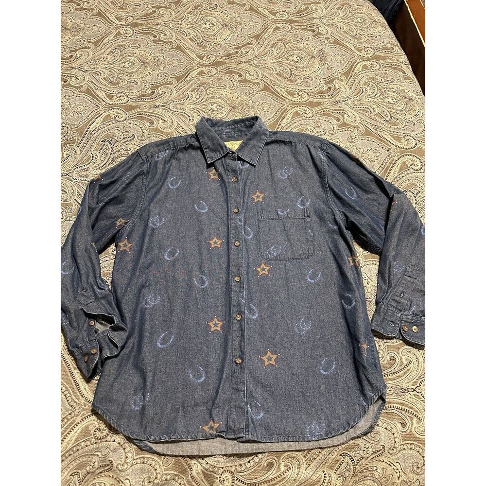 Bit & Bridle Denim Blue Western Horseshoe Shirt Jean Button Up Rodeo L